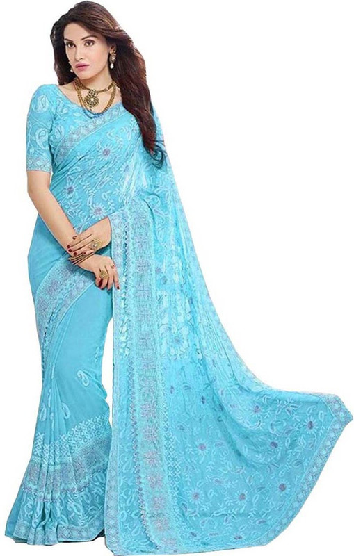 fabkaz Embroidered Fashion Chiffon Saree(Blue)