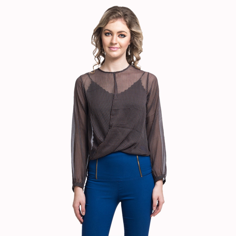 Uptownie Lite Casual Full Sleeve Self Design Women Black Top