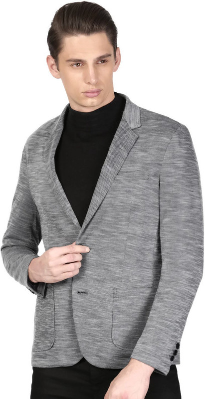 ether Self Design Single Breasted Casual Men Blazer(Grey)