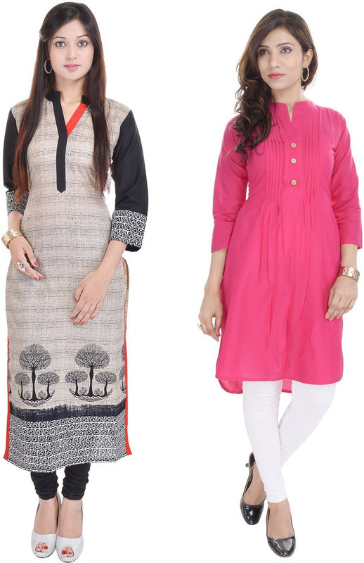 desier Women Printed Straight Kurta(Pink, Grey)