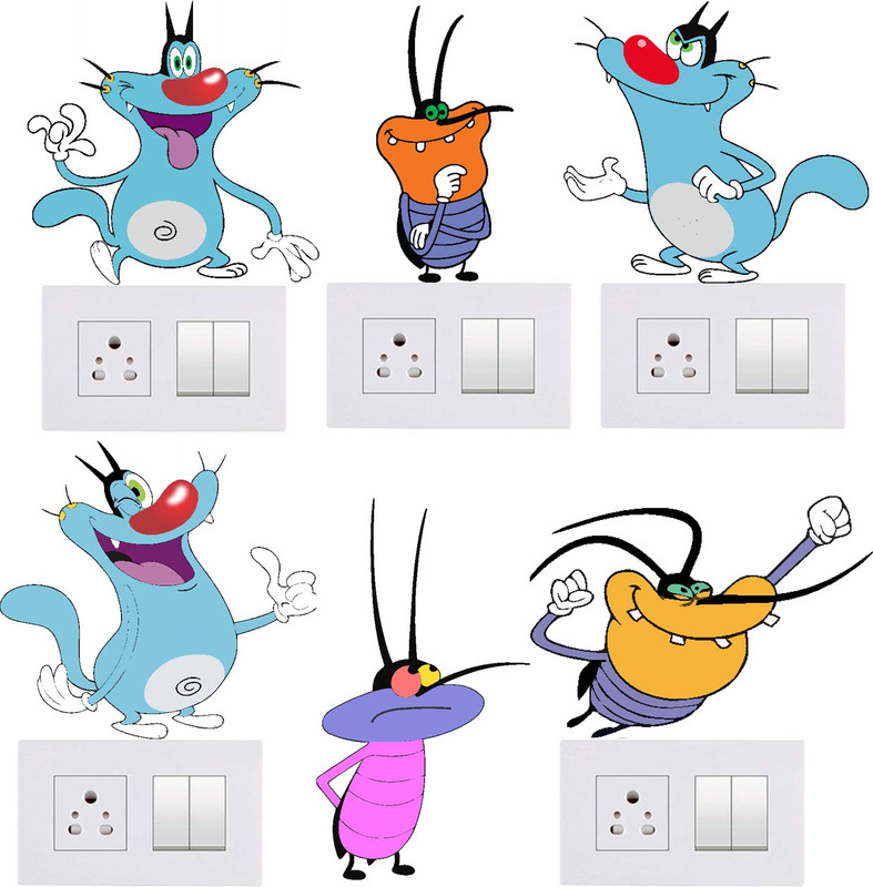 pixel print Medium Oggy & Cockroaches Switch Board Sticker for Kids Room Set of 5  Sticker(Pack of 6)