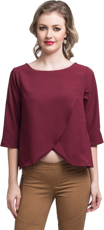 Uptownie Lite Casual 3/4 Sleeve Solid Women Maroon Top