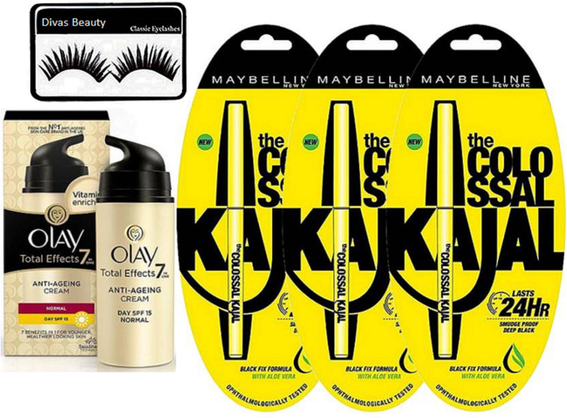 divas beauty eyelashes & Olay Total Effects 7 in one spf 15 cream & NEW YORK Colossal kajal set of 3(5 Items in the set)
