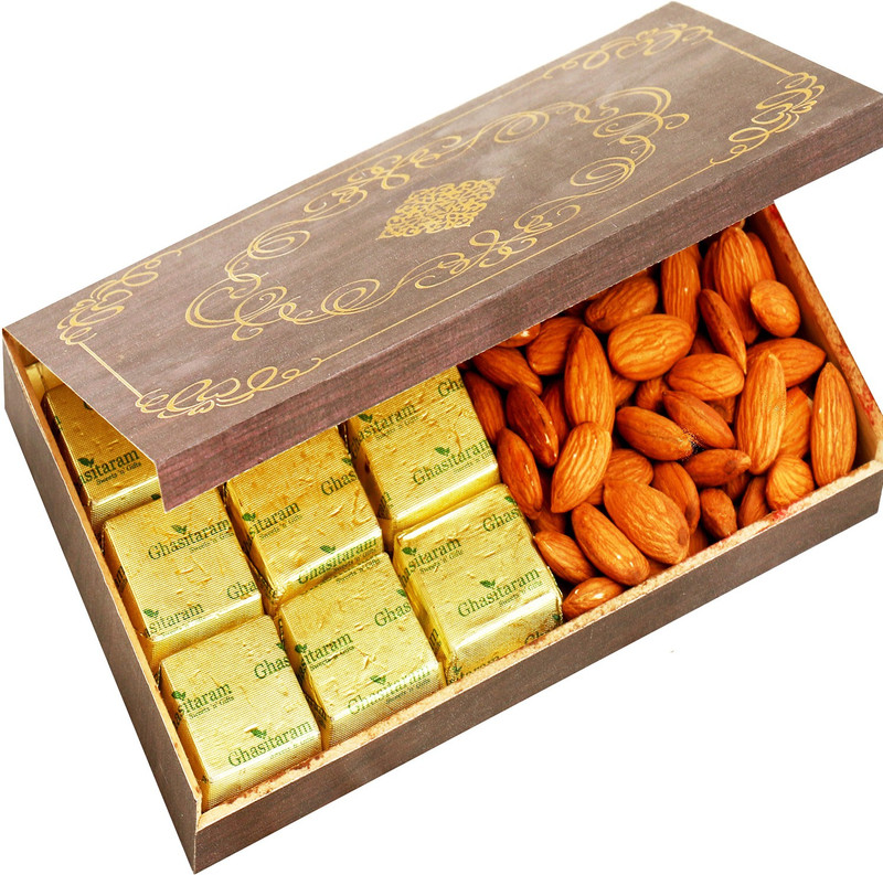 Ghasitaram Gifts Wooden 9 Pcs Chocolate and Almonds Box Almonds(600 g)