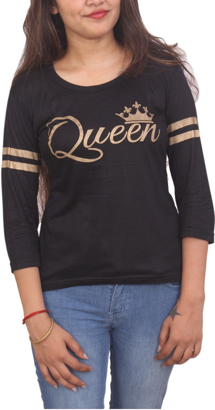 anzriyaa Casual 3/4 Sleeve Graphic Print Women Black Top