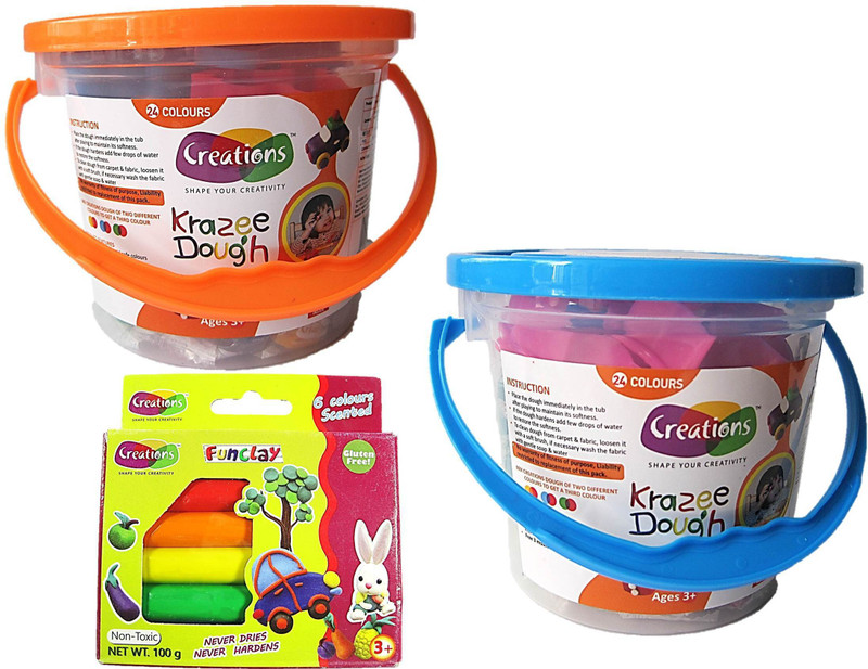 creations Pack of 3 Krazee Dough (24 colours & 6 Colours + 3 Mould + 1Knife + 1 Roller)