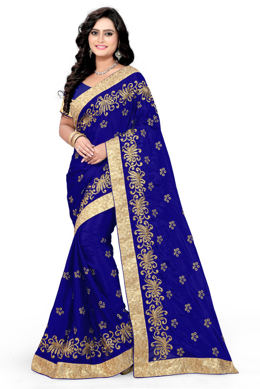 arriva fab Embroidered Fashion Pure Silk Saree(Blue, Gold)