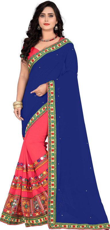 arriva fab Embroidered Fashion Poly Georgette Saree(Dark Blue, Pink)