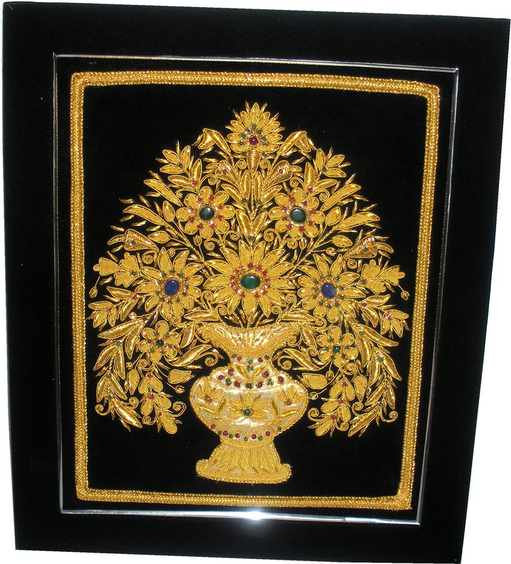 nameo Hand made Zardozi Embroidery in India 3D wall hanging flower vase (48CM/40CM) Tapestry(Gold, Black)