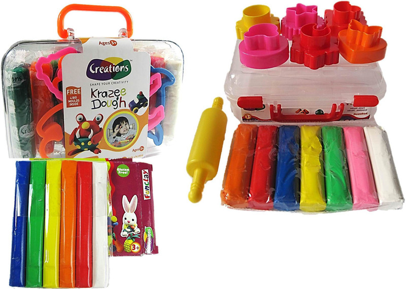 creations Pack of 3 Krazee Clay Dough (12 colours + Multiple Moulds + Roller)