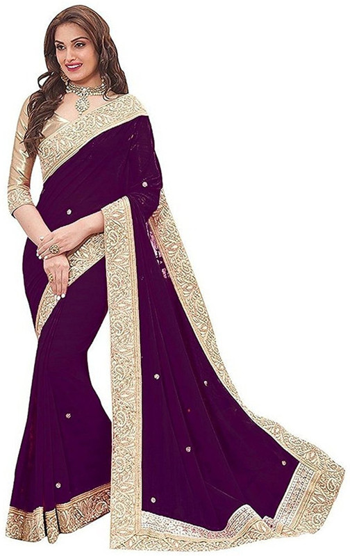 unique enterprise Embroidered Bollywood Poly Georgette Saree(Purple)