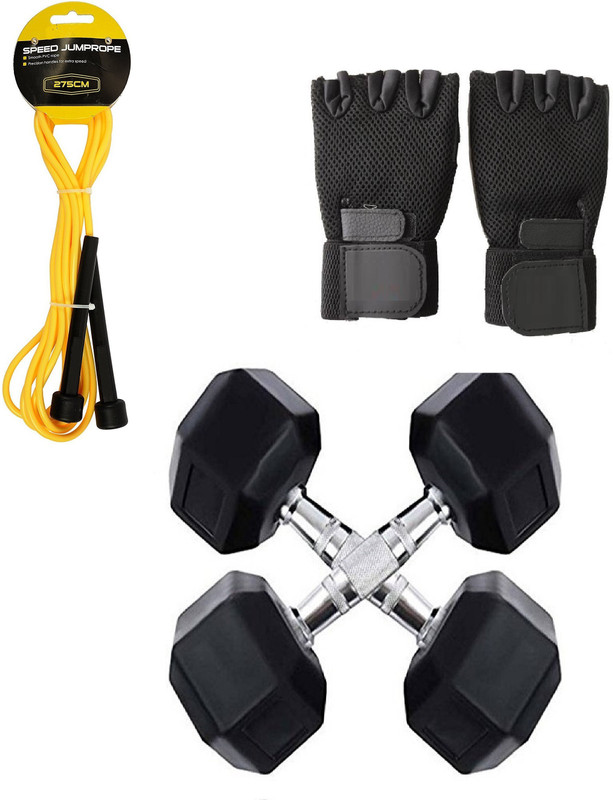 Krazy Fitness Hexagonal Fixed Weight Dumbbells 2.5'kg X 2 Pcs. Each + Speed Skipping Rope + Padded Mesh Gym Gloves Gym & Fitness Kit