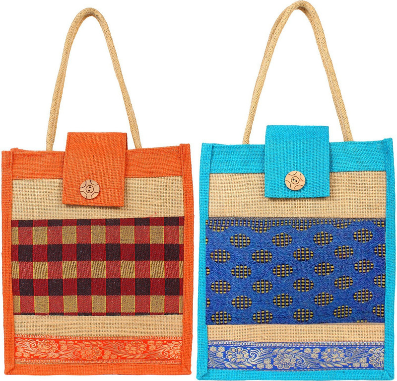 styles creation Designer Printed Jute Lunch Bag/ Hot case HNDBG88 Lunch Bag(Blue, Orange, 12 inch)