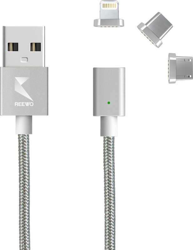 reewo RCAB1115 Android|Lightning |Type-C (Connector - All Pins) 1 m Magnetic Charging Cable(Compatible with Power banks, Bluetooth speakers, Mobiles, Silver, Sync and Charge Cable)