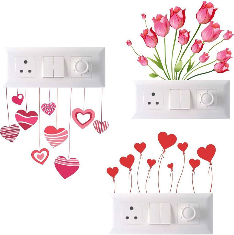 pixel print Medium Wall Sticker, Wall Art , Fridge Sticker , Wall Stiker (Light Switches 'Love Hearts and Flowers Sticker) Set Of 3  Sticker(Pack of 3)