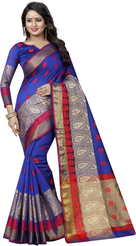 SATYAM WEAVES Self Design, Paisley Banarasi Cotton Silk Saree(Blue, Red)