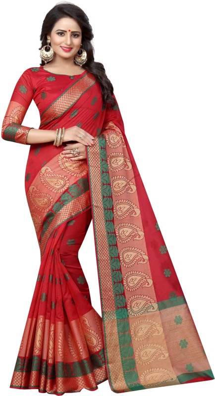 SATYAM WEAVES Paisley Banarasi Cotton Silk Saree(Red)