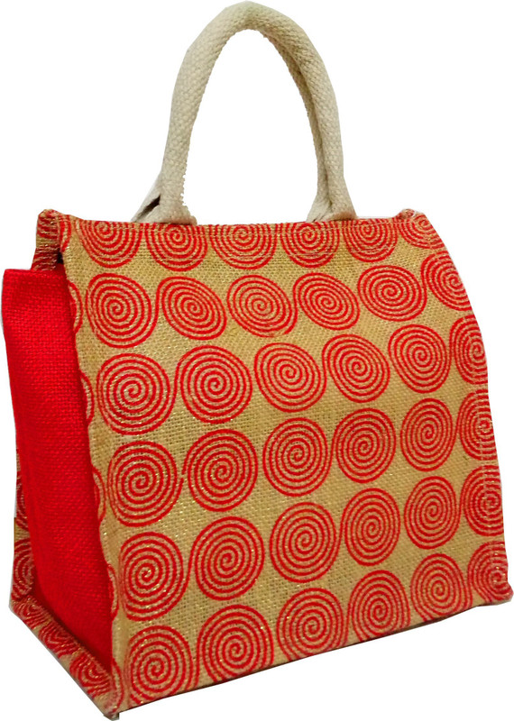 styles creation Rings Print Designer Red Handicraft Jute Lunch Tiffin Handbag Waterproof Lunch Bag(Red, Beige, 10 inch)