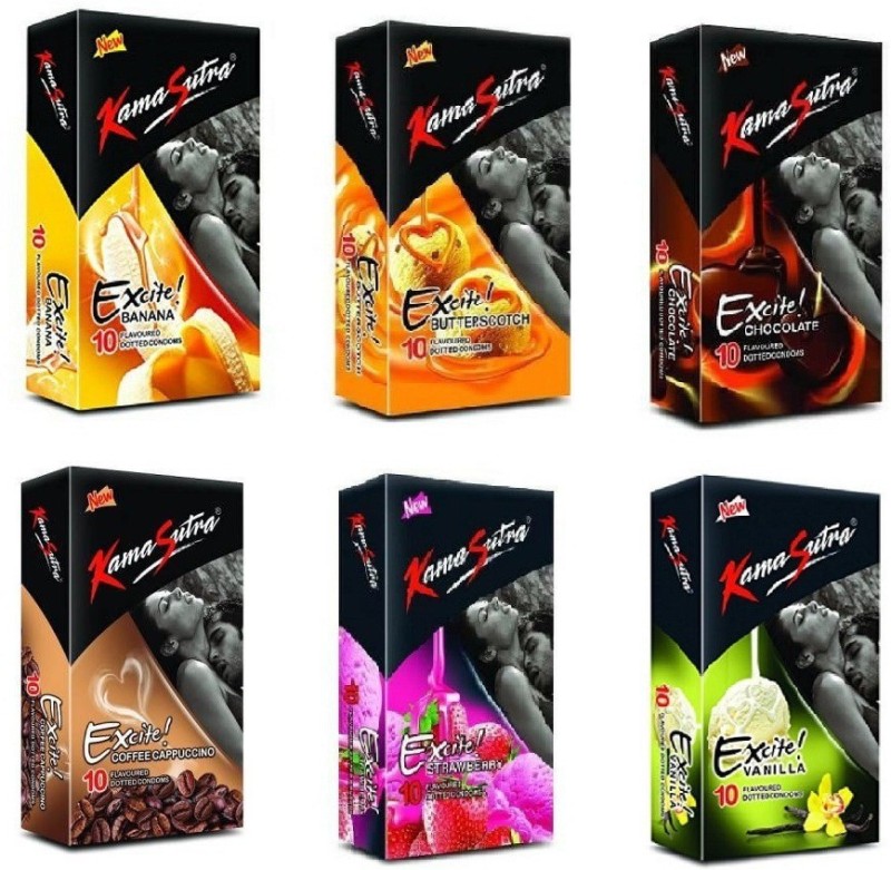 KamaSutra Excite Vanilla, Strawberry, Coffee Cappuccino, Butterscotch, Banana and Chocolate Flavoured Dotted Condom 10s (6x10) Condom(Set of 6, 60S)
