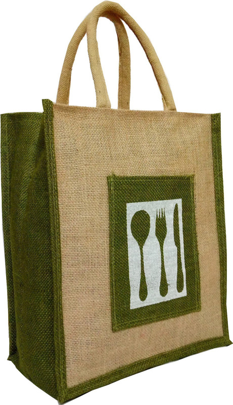 styles creation Cutlery Print Designer Light Green Handicraft Jute Lunch Tiffin Handbag Waterproof Lunch Bag(Green, 13 inch)