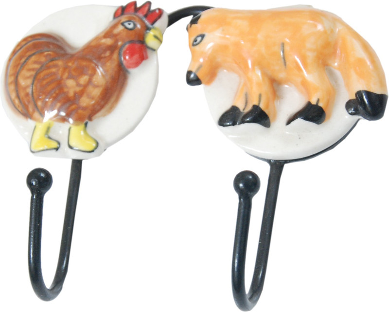 mushti Two Animal Shaped Ceramic Metal Wall Hook, Hanger - Antique Multi color 2 - Pronged Hook(Multicolor Pack of 1)