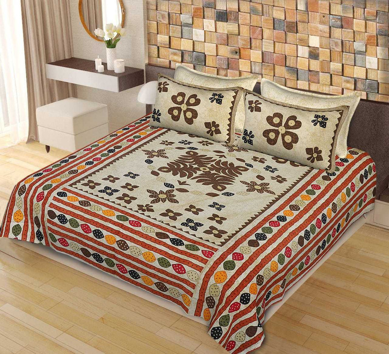 sapphirelanes 150 TC Cotton Double King Printed Bedsheet(Pack of 1, Off white background red orange green floral and geometrical designs)