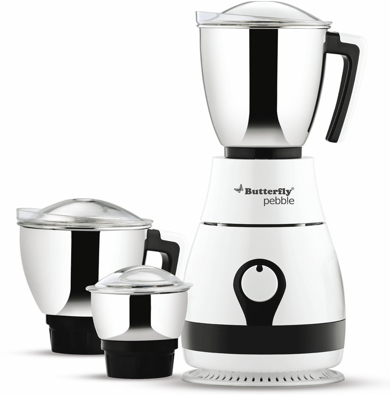Butterfly Present Pebble plus 750 W with Stylish & Shockproof ABS body, 3 Stainless steel Jars and 3-speed control knob with whip 750 W Juicer Mixer Grinder(White, 3 Jars)