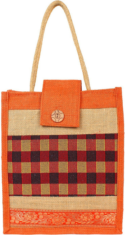 styles creation Jute Lunch Bag HNDBG48 Lunch Bag(Orange, Beige, 12 inch)