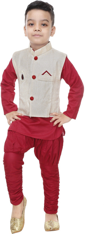 shankh traders Boys Festive & Party Kurta, Waistcoat and Pyjama Set(Red Pack of 1)