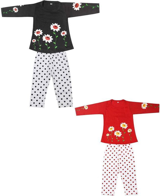 babeezworld Kids Nightwear Girls Printed Cotton Blend(Multicolor Pack of 2)
