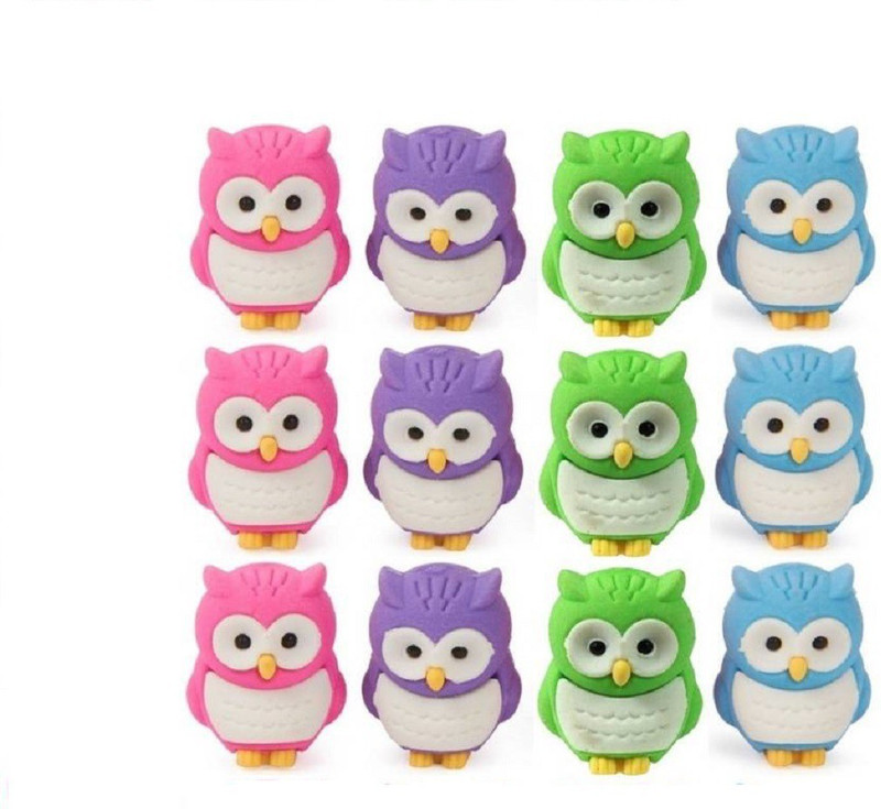 giftshub 12 Pc 3D Owl erasers Collection Non-Toxic Eraser(Set of 12, Multicolor)