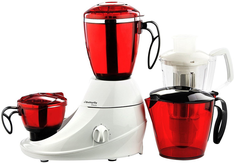 Butterfly Present Desire 1 HP with 3 Jars 750 W Unbreakable polycarbonate outer shell and SS inner shell jars 750 W Juicer Mixer Grinder(Red:White, 3 Jars)