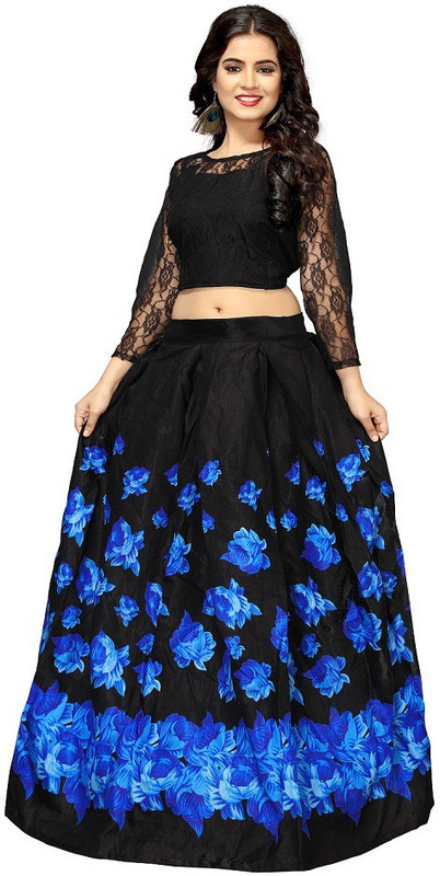 nena fashion Floral Print Semi Stitched Lehenga Choli(Blue, Black)