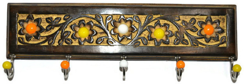 the bells wooden glass beads 5 key holder strip Wood Key Holder(5 Hooks, Brown, Multicolor)