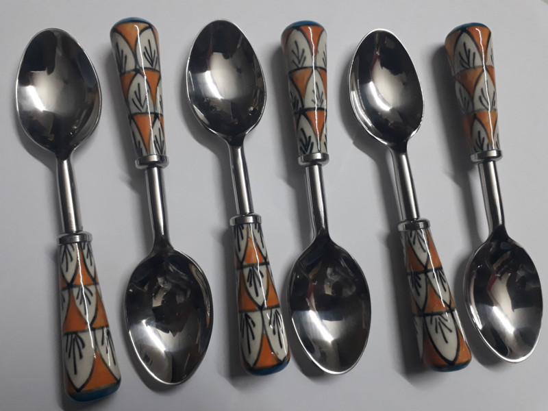 indiavaale HAND PAINTED ORANGE/WHITE&BLUE MEDIUM 6 INCH SPOONS SET OF SIX PCS Steel Table Spoon(Pack of 1)