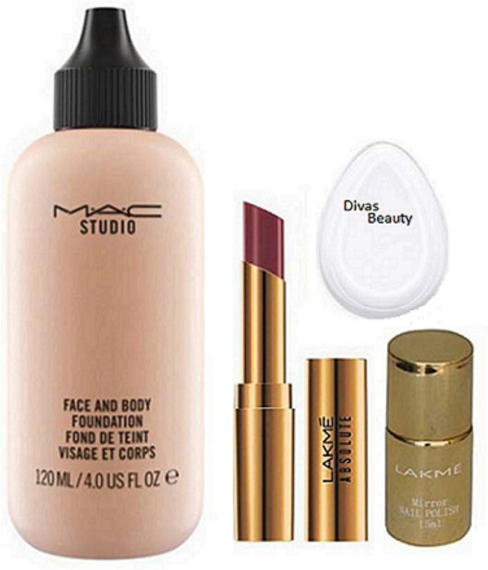 divas beauty Silicon Puff And studio face and body Foundation, absolute argan lip color lipstick,Mirror Nail Polish(Set of 4)
