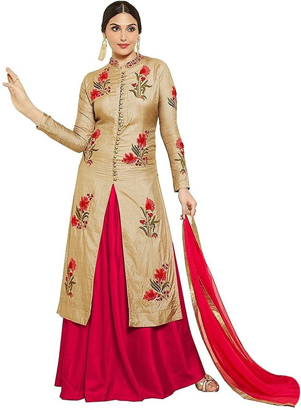 dharmee Embroidered Semi Stitched Lehenga, Choli and Dupatta Set(Red, Gold)