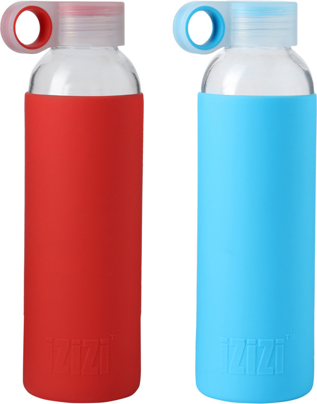 izizi Glass Bottle with Silicone Sleeve 500 ml Water Bottles(Set of 2, Blue, Red)