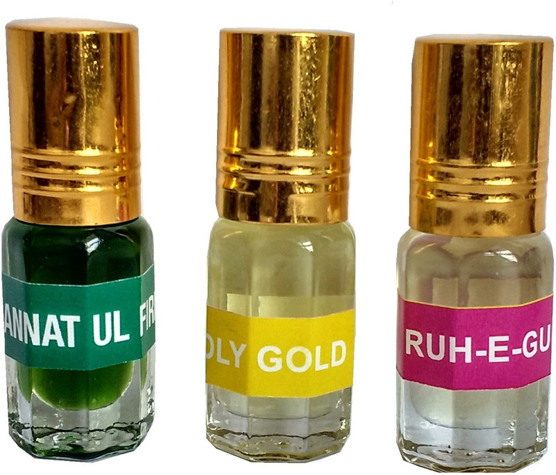 sun fragrances Jannat-ul-Firdaus, Ruh-E-Gulab and Holy Gold Sandal Assorted Set of 3 Attars, 3 ml. Each Floral Attar(Rose)