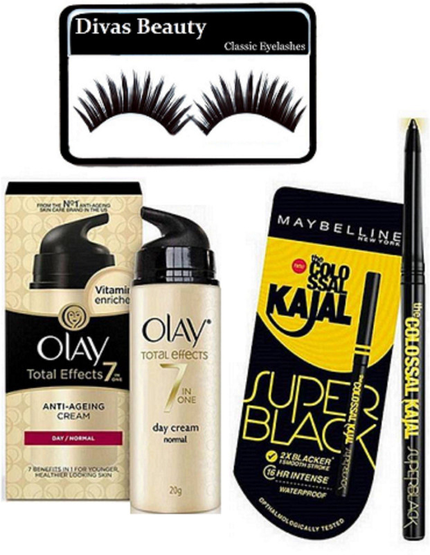 divas beauty Eyelashes, Olay 7 In One Anti-ageing Cream Day Spf 15 & Super black kajal(3 Items in the set)