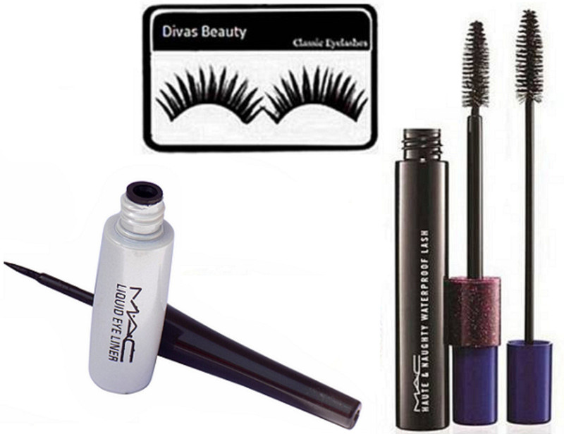 divas beauty Eyelashes With Liquid Eyeliner And Double Effect Mascara(Set of 3)