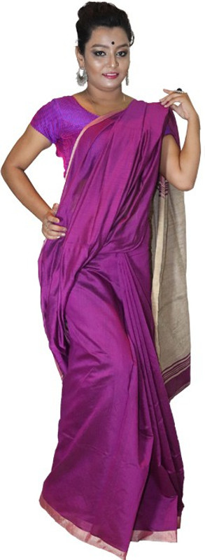 shubh deo Solid Handloom Handloom Cotton Silk Saree(Purple)