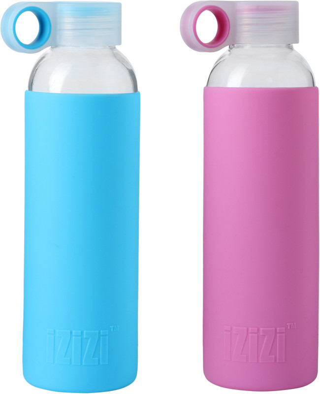 izizi Glass Bottle with Silicone Sleeve 500 ml Water Bottles(Set of 2, Blue, Pink)
