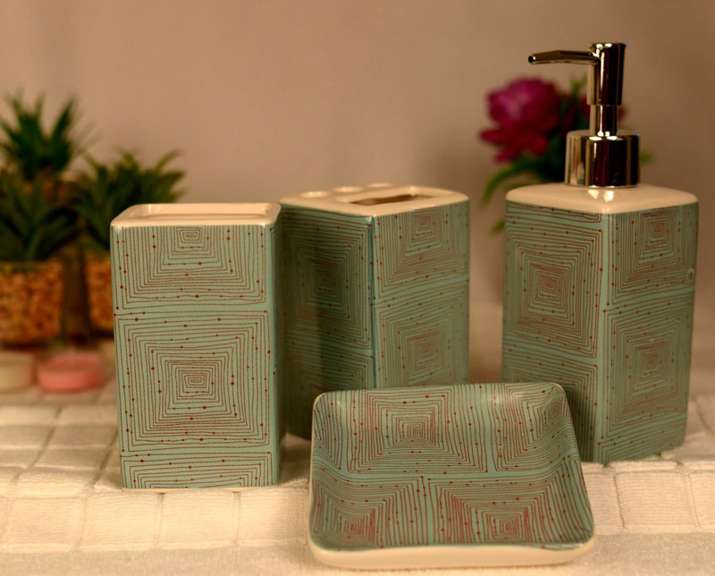 Scrafts Blue Red Line Square Set of 4 Ceramic Bathroom Set Washing Machine Soap Dispenser