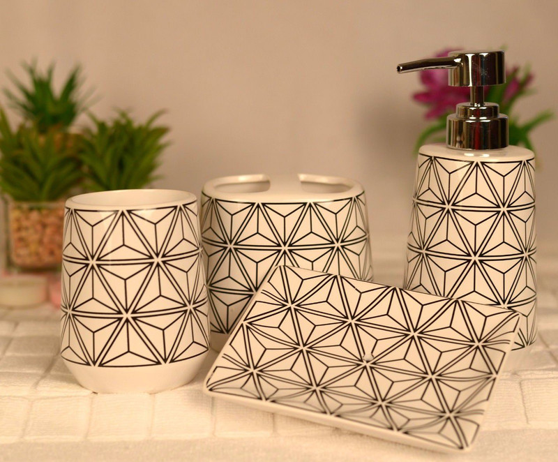 Scrafts Lines Abstract D3 Set of 4 Ceramic Bathroom Set Washing Machine Soap Dispenser