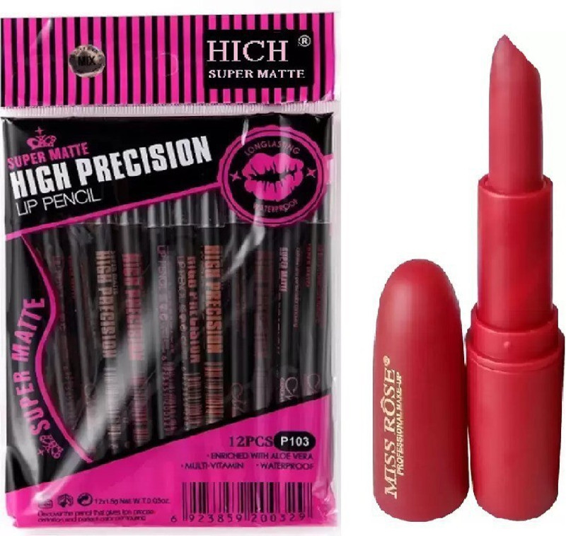 hich Super Matte High Precision lip pencil & Miss Rose Matte Makeup Lipstick Red Color(2 Items in the set)