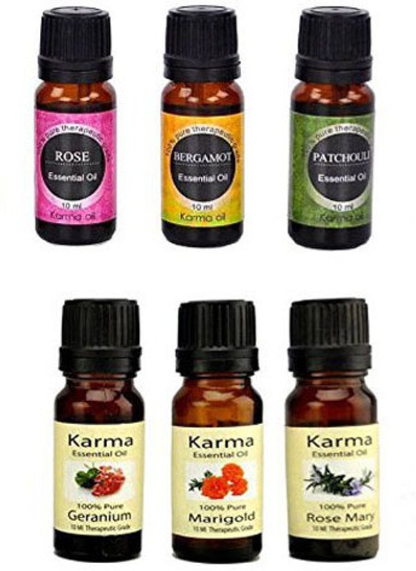 karmakara Set of 6 100% Pure Therapeutic Essential Oils Bergamot , Rose, Patchouli RoseMarry,Marigold,Geranium, 10ml Bath Care Bath Oil Essential Oil Not for internal use(10 ml)