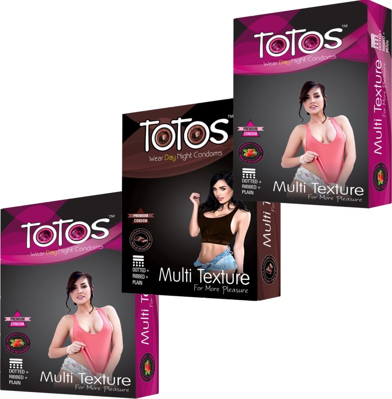 TOTOS WEAR DAY NIGHT PREMIUM STRAWBERRY AND CHOCOLATE AND STRAWBERRY FLAVOURED MULTI TEXTURE FOR MORE PLEASURE DOTTED FOR MEN 30 PCS SET OF 3 PACK Condom(Set of 3, 30S)