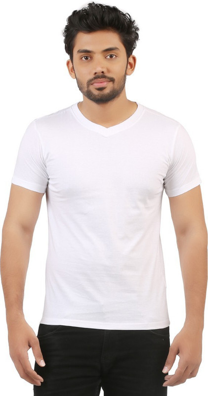 VUYHAZ Solid Men V-neck White T-Shirt VUYHAZ Solid Men V-neck White T-Shirt
