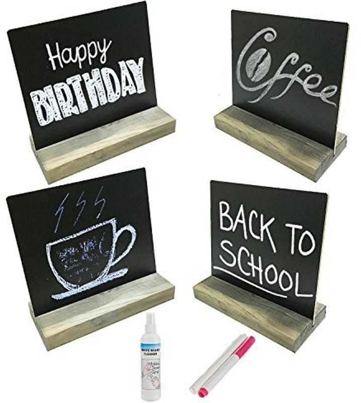 officematters 4 Pcs Mini Tabletop Chalkboard,Message Board Sign w/Antique-Style Wooden Base Stands,5 X 6 inch (Brown)
